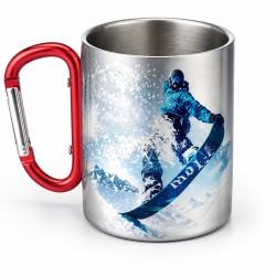 300ml Stainless Steel Mug w/ Red Carabiner Handle Silver