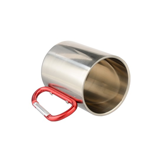 300ml Stainless Steel Mug w/ Red Carabiner Handle Silver FL-9