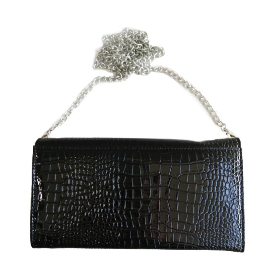 P/U LEATHER EEL SKIN CLUTCH BAG (w/ Removable Chain Strap) (BLACK)  I-3