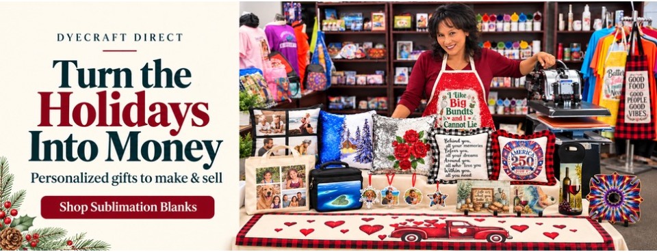 Martha at DyeCraft Direct with personalized holiday gifts and sublimation products