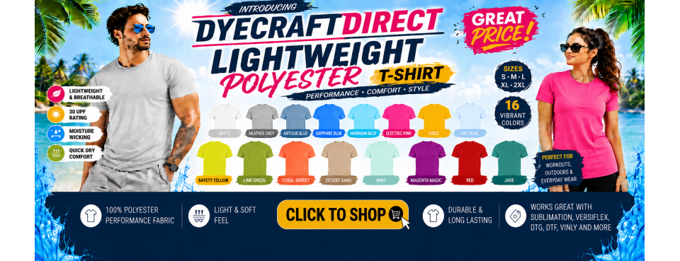 DyeCraft Direct lightweight polyester performance T-shirts in multiple colors